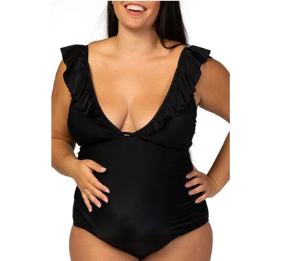 Black Waist Tie Maternity Plus One-Piece Swimsuit