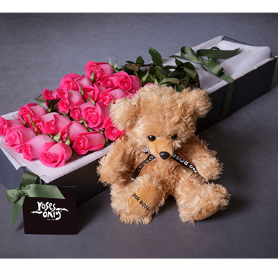 BRIGHT PINK ROSES AND TEDDY